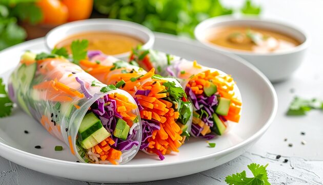 A plate of fresh veggie noodle rolls made with colorful carrots, cucumbers, purple cabbage