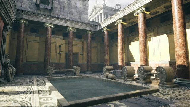 Restored roman atrium staged for heritage visit, clean impluvium and polished marble reflect curated conservation and cultural tourism presentation