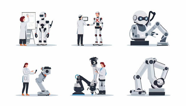 Robotics engineer illustration showing smart machines, automation systems, artificial intelligence technology, and engineering innovation for industrial applications