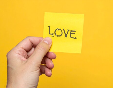 A hand holds a small yellow sticky note with a handwritten word on it
