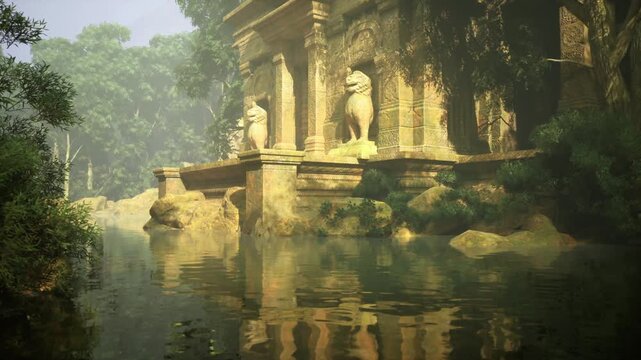 Hidden riverside sanctuary with columns, lush canopy, gentle current, moss draped stones, ornate carvings half buried by vegetation, secluded calm perfect