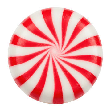 Close-up view of a circular candy with red and white swirls isolated on white background