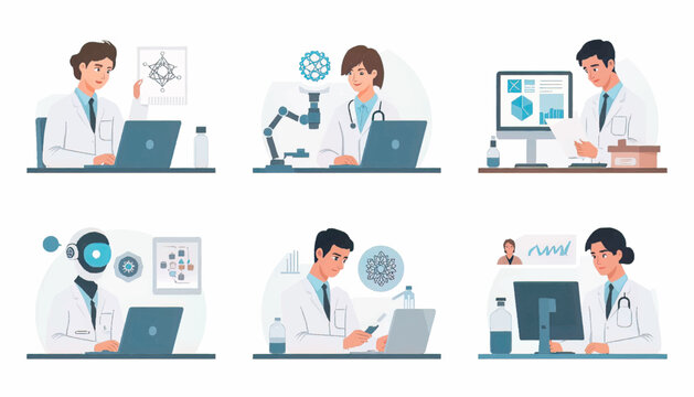 Artificial intelligence research illustration showing scientists, digital systems, robotics technology, and innovation processes for advanced scientific development