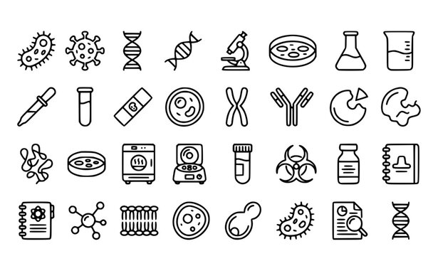 Editable Stroke Microbiology and Laboratory Outline Icons Set of 30 Linear Vector Symbols