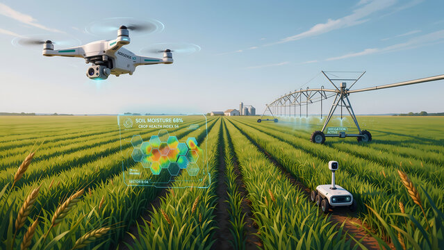 Modern agricultural technology with drone and robot monitoring crop health and soil moisture in a vast green field with irrigation system