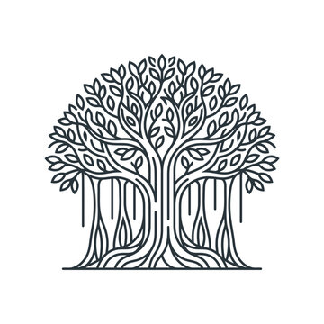 Minimalist Banyan Tree Line Art Illustration Symbolizing Life Growth and Nature Heritage Concept