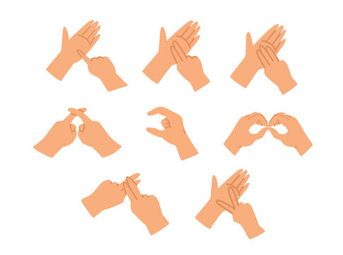 Illustration set featuring various hand poses and gestures used in sign language communication