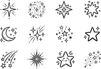 Fototapeta premium Hand drawn star icons set, black celestial doodle elements on white background, 12 decorative sparkle and moon vector illustrations for magic design