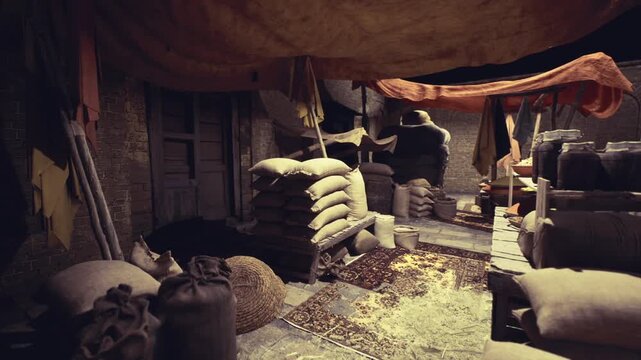 Spiced sacks and ceramic vessels beneath canopy. Stacked spice sacks and ceramic containers create cozy ambiance with dried herbs and textured fabrics