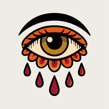 Traditional tattoo style illustration of a crying eye with orange petals and red teardrops.