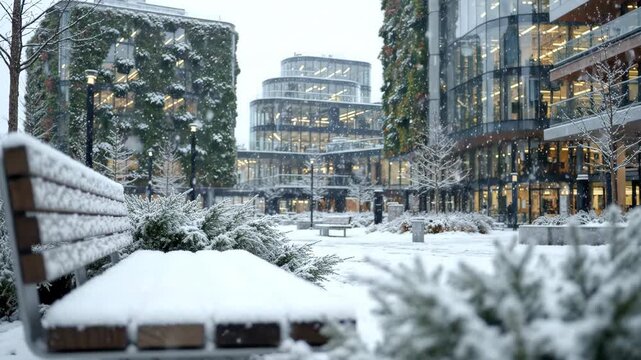 Urban Snowfall Scene in Modern Cityscape with Snow-covered Benches and Buildings.