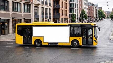Obraz premium Yellow city bus with blank advertising panel. Public transport vehicle mockup on a street in town.