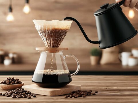 Modern brewing equipment pou hot water into a glass coffee dripper with coffee beans on wooden table in cozy kitchen setting with warm lighting
