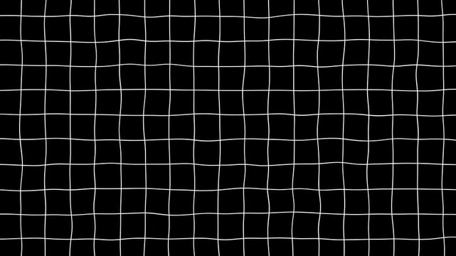 Black background with animated waving white wireframe grid line fit for alpha channel or overlay layer.Abstract black and white wavy grid background animation.Warp animation.