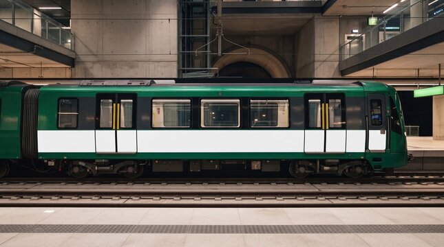 Green metro train with blank side panel. Subway carriage mockup for outdoor advertising placement.