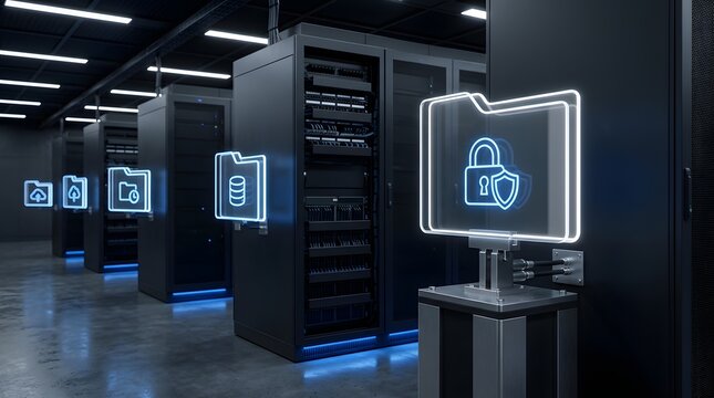 Secure digital file management concept showcasing glowing encrypted folder icons with padlock in a high tech enterprise server room