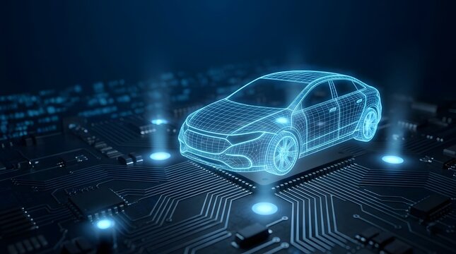 Advanced automotive microchip technology displaying a futuristic wireframe electric vehicle powered by a central processing unit on motherboard