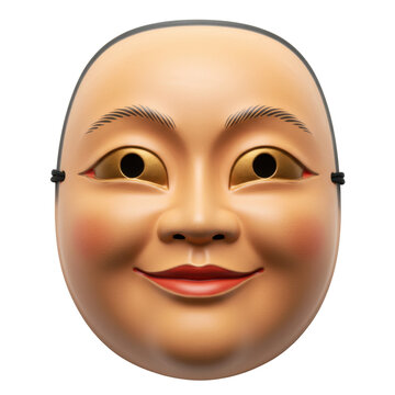 Smiling japanese noh mask with golden eyes and rosy cheeks isolated on white background