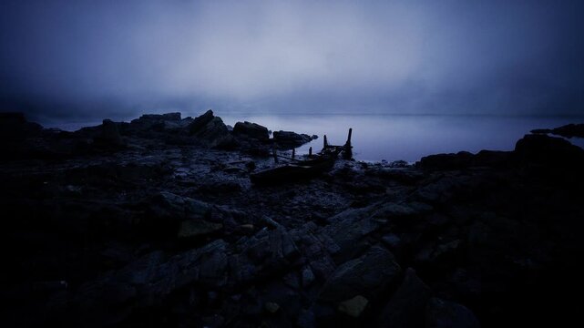 Haunting shipwreck remains on rocky shore, faded timbers jut from pebble beach, low ambient light creates eerie silhouette, saltstained textures, melancholy