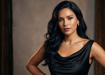 Fototapeta premium Confident woman in black dress posing.
