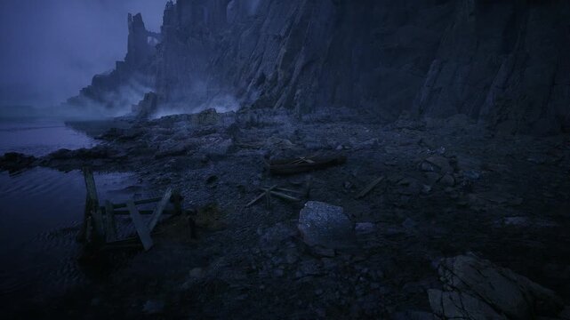 Rocky shoreline exploration in low light camera low angle captures wet stones, scattered remains of wooden structure, mist drifting from sea and cinematic color