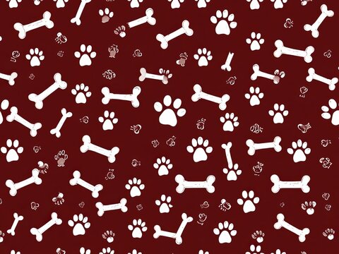 Seamless dark brown wallpaper with dog bones and paws doodle pattern, paws, dog
