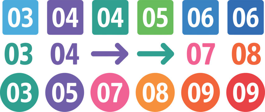 Set of colorful numbered circles and squares for infographic list and bullet point design. Vector Illustration
