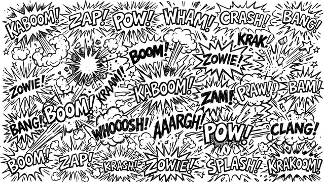 Retro comic book sound effects pattern, black and white pop art explosion bubbles, vintage superhero onomatopoeia vector background