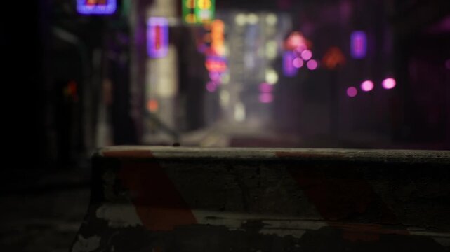 Dystopian checkpoint over barricade, neon signage bleeding into misty night, empty thoroughfare, uneasy cinematic tension and urban decay details for dramatic