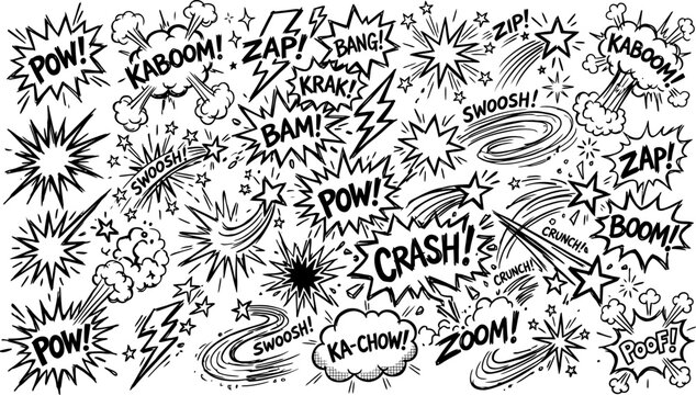 Comic book sound effects collection, hand drawn black and white superhero speech bubbles, vintage pop art explosion and action word vector set