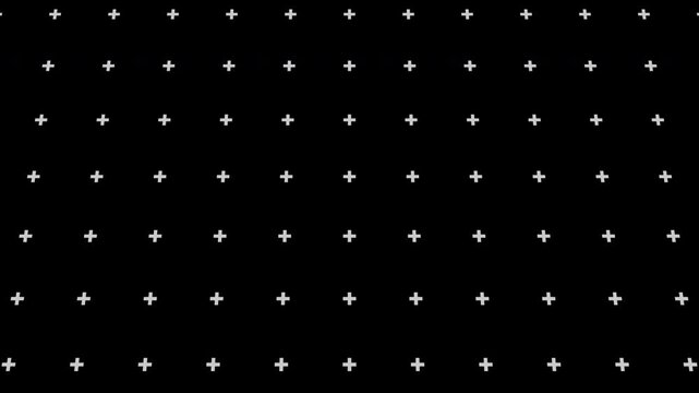Hi tech rotating plus symbols pattern background animation on black background. Abstract 4K motion grid 