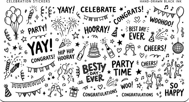 Hand-drawn black ink celebration stickers, party doodle vector set with congrats and cheers typography, festive birthday and wedding elements