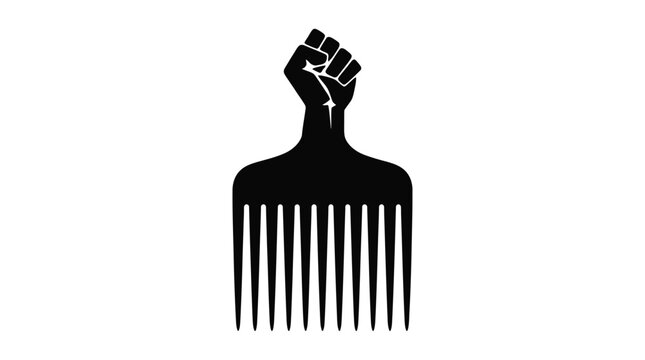 Afro pick shaped silhouette with raised fist a black and white graphic silhouette