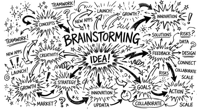 Hand drawn brainstorming mind map vector, creative business idea doodle with arrows and text, black and white strategy concept sketch