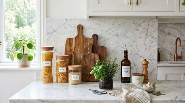 A kitchen counter with marble countertops, wooden cutting boards, and various kitchen items such as jars, bottles, and herbs.