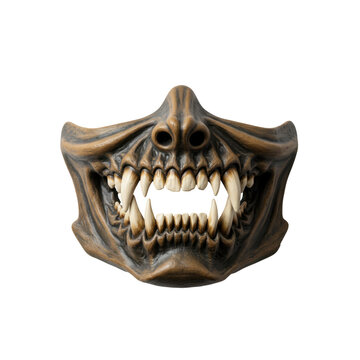 Detailed brown oni mask with fangs and prominent nose isolated on white background