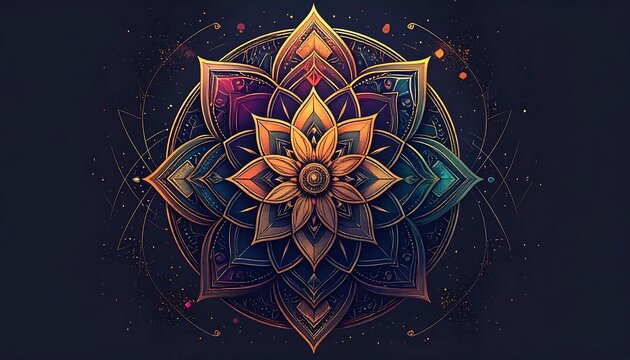 Intricate colorful mandala digital art illustration on dark background.