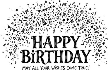 Fototapeta premium Hand drawn Happy Birthday lettering with festive confetti explosion, black ink doodle celebration greeting, decorative party typography vector