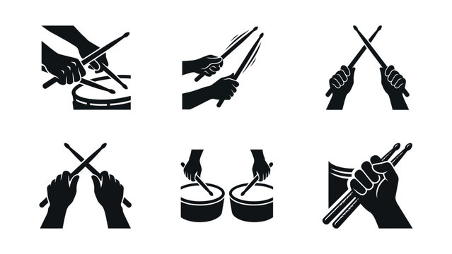 Drumming Hands with Sticks Icons Set - Music Performance Symbols