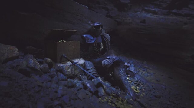 Mercenary collapsed beside chest of coins and worn dagger, patched leather and dented plate telling story of hardened life quiet reverence, lonely vigil