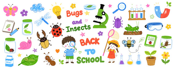 Cute hand drawn doodle,bugs, insects, and science laboratory equipment for back to school.  © Sun Ruscha