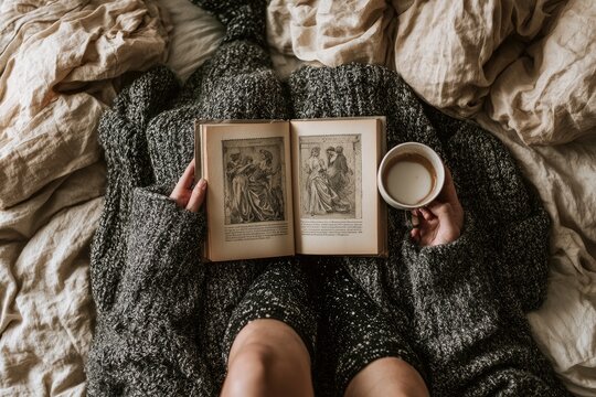 Cozy person in thick sweater reading a book with coffee on bed