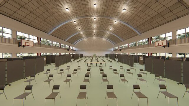 体育館に設置された感染症ワクチン接種会場 3DCGアニメーション背景