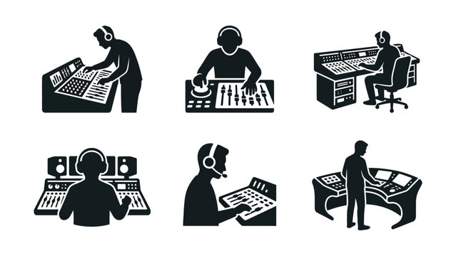 Sound Engineer Icons: DJ, Producer, Mixing Console and Audio Equipment