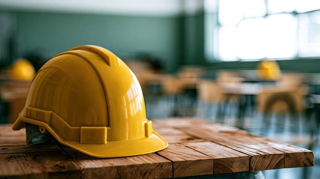 Yellow hard hat rests on a rustic wooden table in a room with chairs