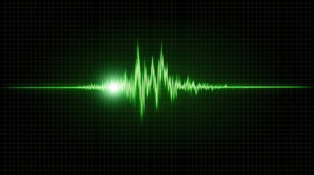 A bright green sound wave pulsates across a dark grid background