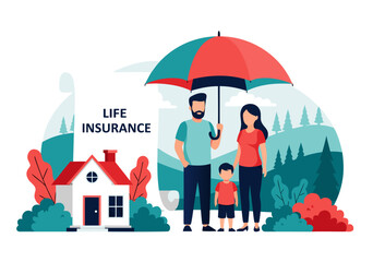 A family of three stands under a colorful umbrella near their house protected by life insurance © Grogolan