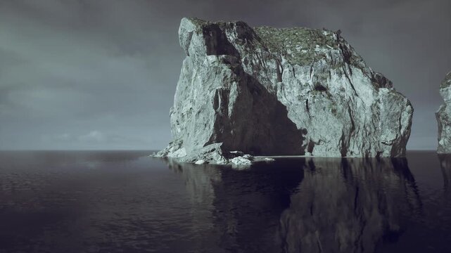 Clustered cliffs forming dramatic coastal archipelago under muted sky, layered rock islands receding into gentle haze, calm water emphasizing scale