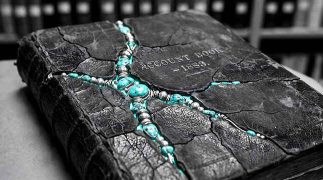 Antique 1883 ledger featuring ornate turquoise gemstone inlay repairs.