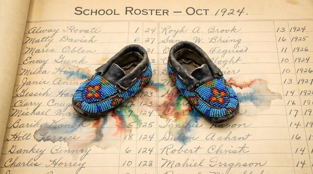 Indigenous beaded moccasins on historical 1924 school roster document